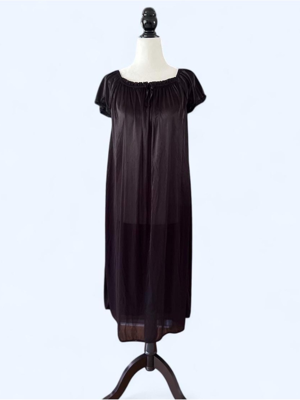 Vintage Black Short Sleeve Silky Nightgown Coquette Bow Large